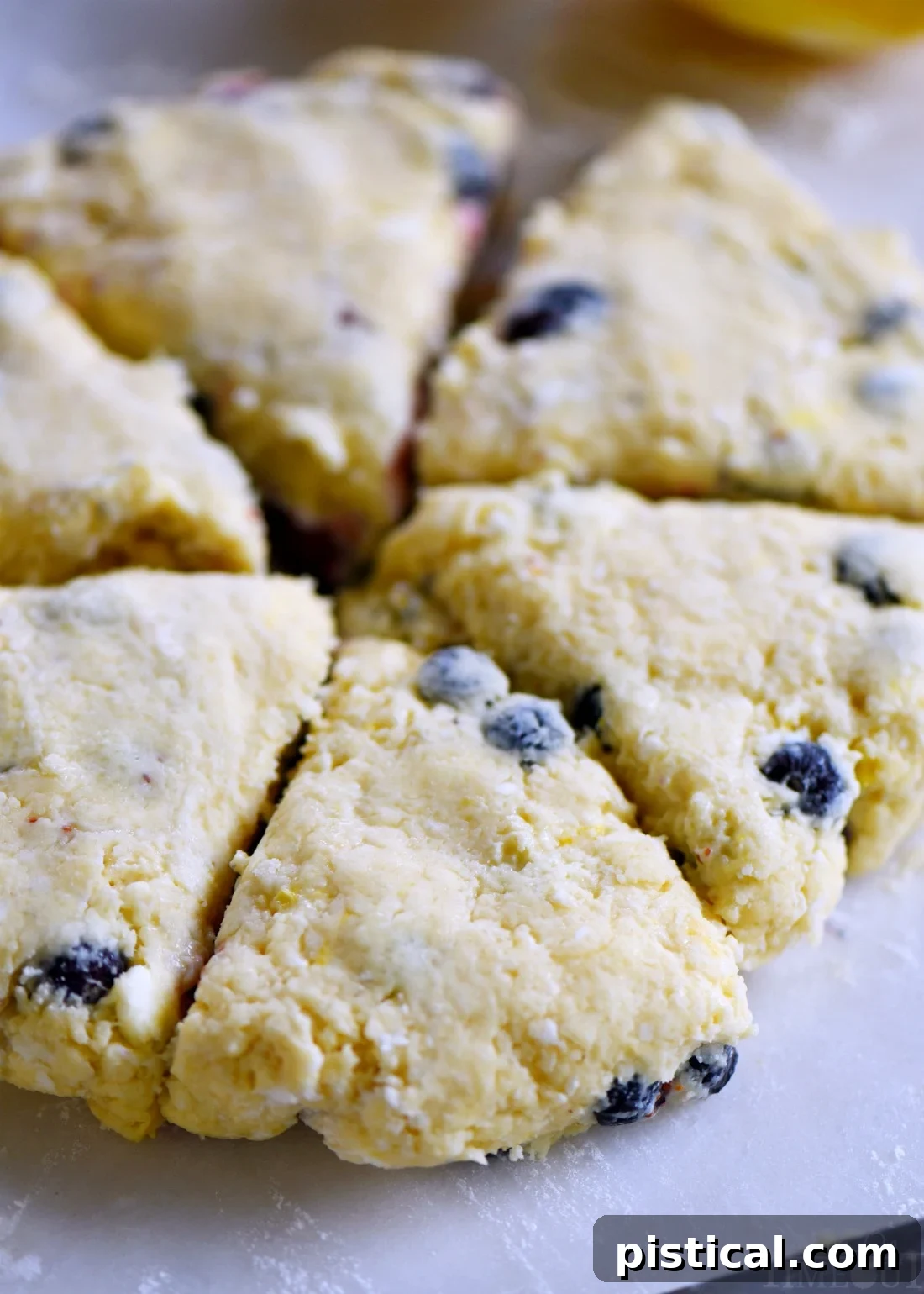 Zesty Lemon Blueberry Scones 3 Lemon Blueberry Scones dough shaped into a disc with fresh blueberries