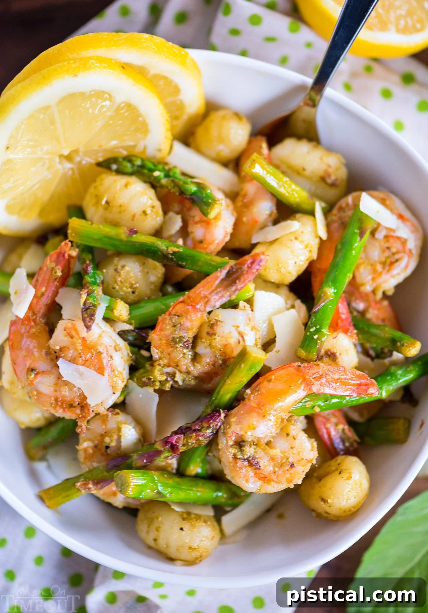 Delicious 20-minute Pesto Shrimp with Gnocchi and Asparagus, a perfect quick dinner.