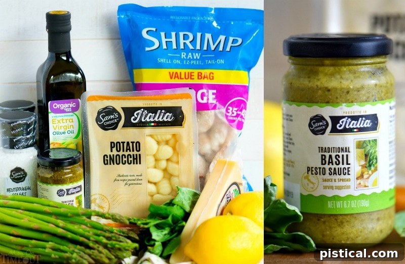 Ingredients for Pesto Shrimp Gnocchi: shrimp, gnocchi, asparagus, pesto, Parmesan.
