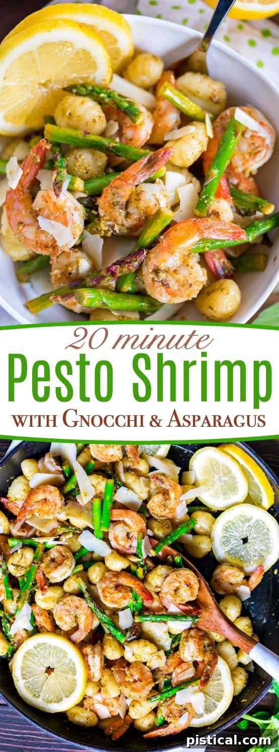 Collage of Pesto Shrimp Gnocchi with Asparagus, highlighting various stages and plating.