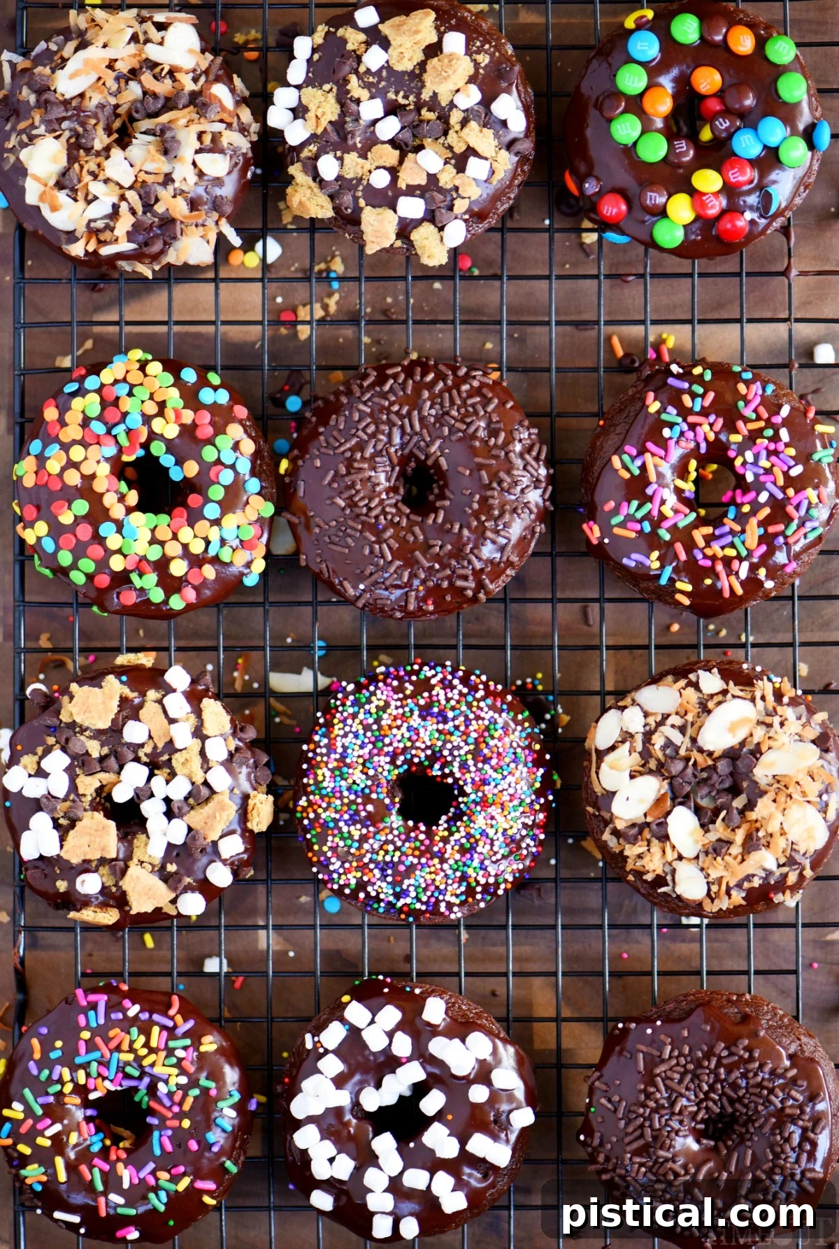 Start your mornings off right with CHOCOLATE! These Chocolate Cake Mix Donuts are topped with a silky chocolate glaze and an assortment of fun toppings. S'mores, Almond Joy, sprinkles - which will be your new favorite? // Mom On Timeout 