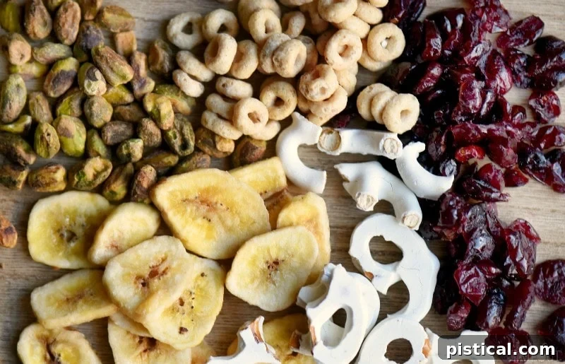 Sunrise Energy Blend 2 Close-up of freshly made Breakfast Trail Mix showcasing pistachios, dried cranberries, dried banana chips, yogurt covered pretzels, and Honey Nut Cheerios.