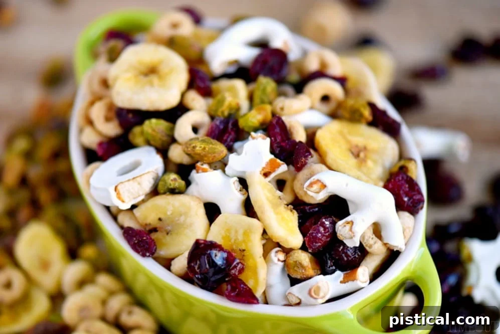 Homemade Breakfast Trail Mix: a simple recipe for busy mornings, offering sweet, salty, and crunchy flavors. Easy and quick Breakfast Trail Mix in a white bowl, featuring a delicious mix of nuts, dried fruit, cereal, and yogurt pretzels.