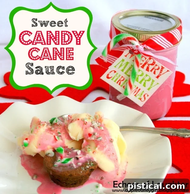 Candy Cane Sauce A close-up of sweet candy cane sauce, drizzled elegantly over a dessert, highlighting its smooth texture and delightful holiday color.