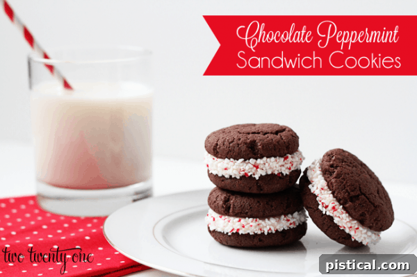 chocolate-peppermint-sandwich-cookies Delicious chocolate peppermint sandwich cookies, featuring a creamy, minty filling sandwiched between two rich chocolate cookies, a festive twist on a classic treat.