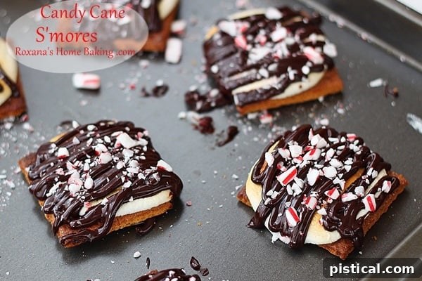 candy-cane-smores-recipe-roxanashomebaking-1 A stack of gooey candy cane s'mores with melted chocolate and marshmallows, nestled between graham crackers, showcasing the festive peppermint twist.