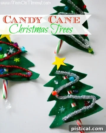 Candy Cane Delights: Recipes and Crafts 3 Sparkling candy cane Christmas tree ornaments, crafted from small candy canes and festive embellishments, perfect for decorating your tree or gifting.