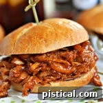 A vibrant BBQ pulled chicken sandwich, showcasing the juicy chicken and toasted bun, resting on a green and white napkin.