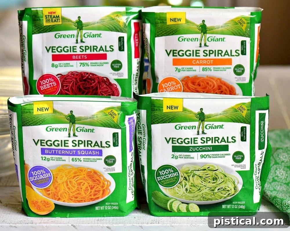 Green Giant Veggie Spirals: Pre-cut, fresh vegetable noodles offering a quick and healthy alternative for various meals, available at Walmart. Packages of Green Giant Veggie Spirals in different varieties (Zucchini, Beet, Butternut Squash) displayed on a kitchen counter, highlighting their convenience.