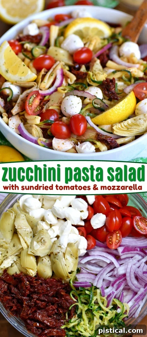 A family-sized Zucchini Pasta Salad, perfect for summer entertaining. Loaded with fresh vegetables, flavorful cheese, and a light dressing. Large serving bowl of Zucchini Pasta Salad with sun-dried tomatoes, mozzarella, and artichokes, ready for a gathering.