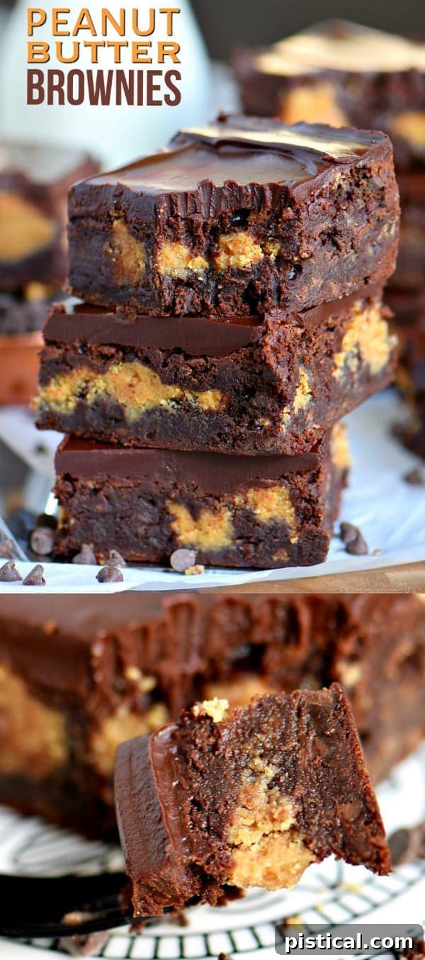 A close-up of a square of the best peanut butter brownie, showing the fudgy texture and ganache