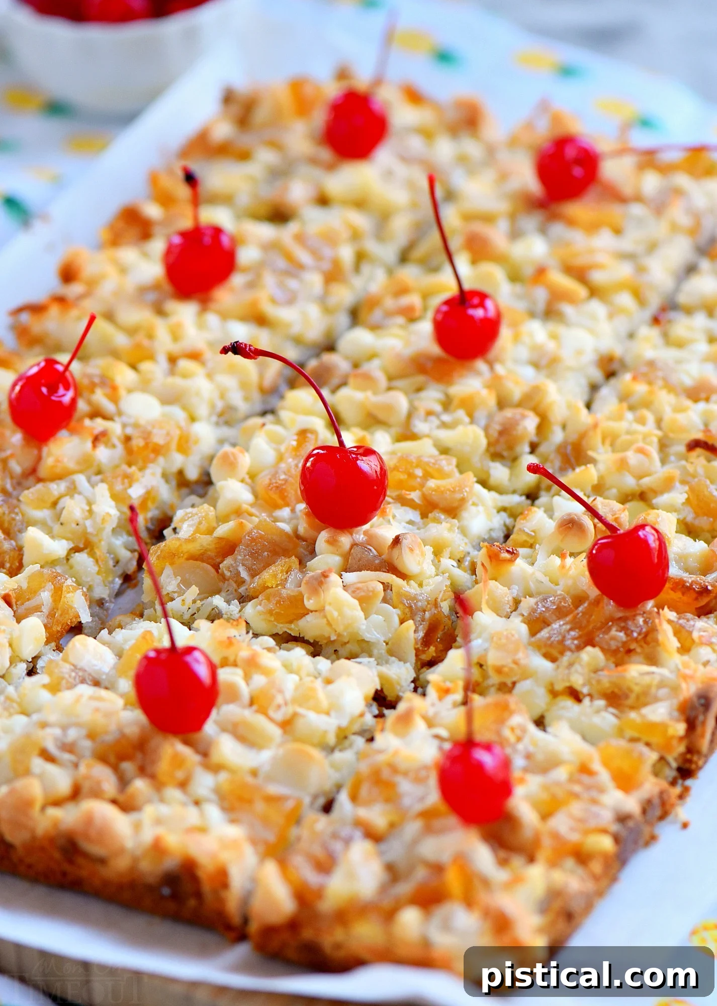 Perfectly cut Piña Colada Magic Bars, showcasing the gooey layers and golden-brown edges, ready to be enjoyed as a tropical treat.