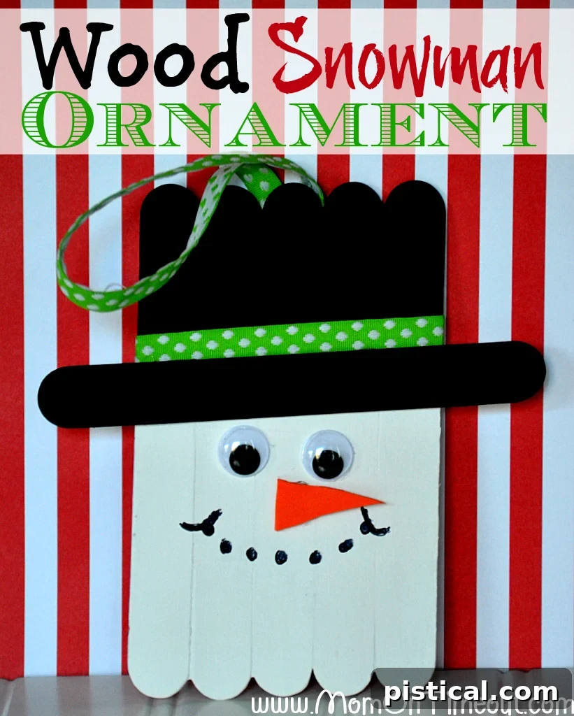 Adorable Wood Snowman Ornaments, perfect for a fun Christmas craft activity with kids. A festive DIY decoration idea from MomOnTimeout.com.