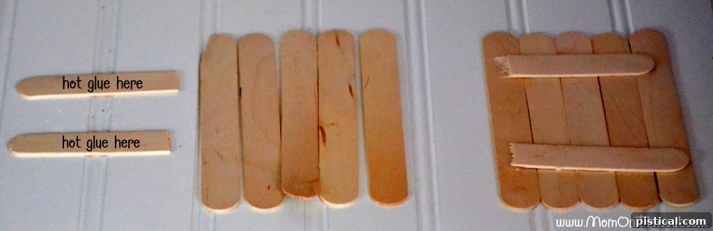Step-by-step guide: Assembling the craft sticks for the wood snowman ornament body with hot glue.