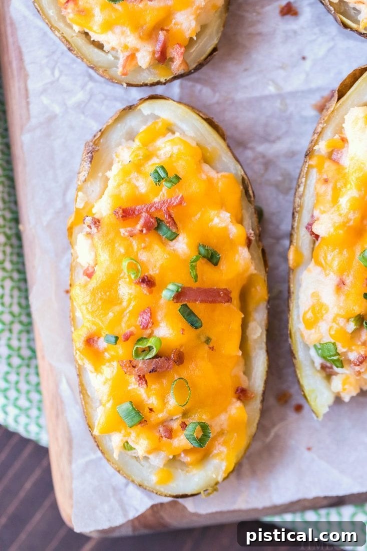 Twice Baked Potatoes: The ultimate creamy, cheesy, bacon-loaded side dish with a perfectly crisp potato skin. A recipe from Mom On Timeout. Twice baked potatoes on a rustic serving board, showcasing their golden-brown, cheesy tops and perfectly crispy skins. A quintessential comfort food and ideal side dish for any occasion.