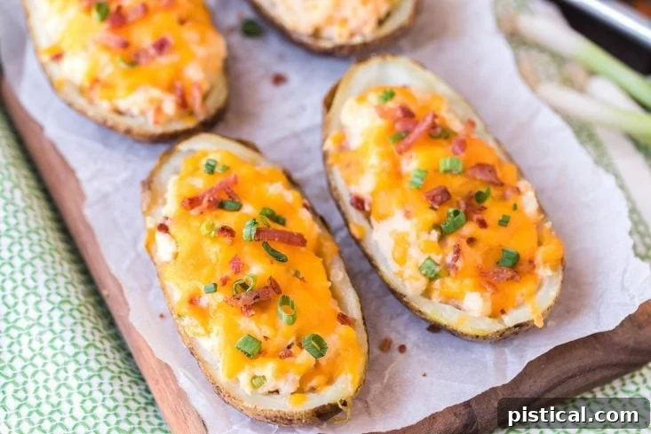 Delicious twice baked potatoes, showcasing their rich, cheesy filling and crisp texture. Perfect for any meal! From Mom On Timeout. A close-up of freshly prepared twice baked potatoes on a cutting board, ready to be served. Each potato is generously filled and topped with melted cheese and fresh green onions.