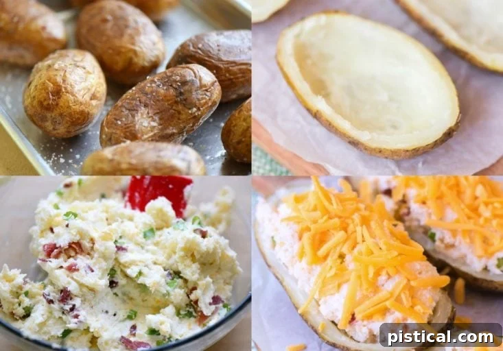 Simple steps to prepare delicious twice baked potatoes: from baking to filling, making gourmet easy. From Mom On Timeout. A visual guide showing the steps to make twice baked potatoes, including scooping out the flesh, mixing with ingredients, and refilling the shells, ready for the second bake.