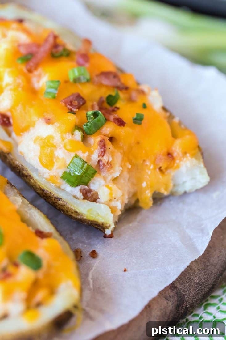 The perfect bite of a twice baked potato: creamy, cheesy, and packed with savory goodness. A taste of pure comfort. From Mom On Timeout. A close-up shot of a twice baked potato with a small bite taken, revealing its rich, creamy interior filled with bacon and cheese, highlighting its irresistible texture and flavor.