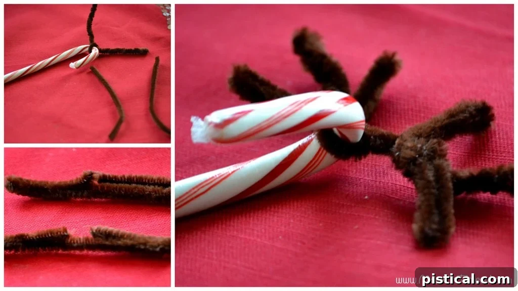 Candy Cane Reindeer Craft Detailed Antlers Part 2 Second step of candy cane reindeer craft: adding smaller fuzzy stick branches to antlers.