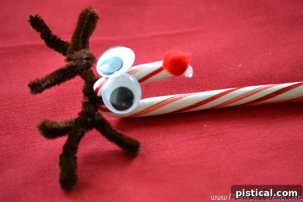 Candy Cane Reindeer Craft Tutorial Final Assembly Final step of candy cane reindeer craft: gluing on googly eyes and a pom-pom nose.