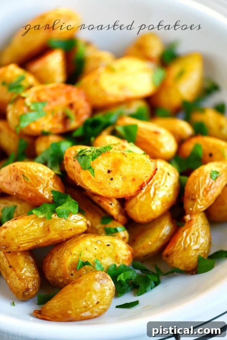 Crispy Garlic Roasted Potatoes, perfectly golden brown and seasoned with fresh herbs, ready to be served