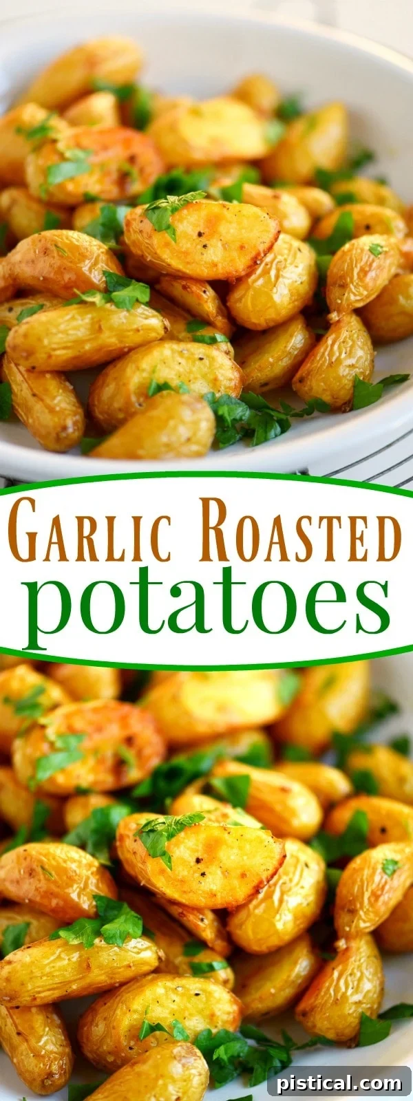 A smaller vertical shot of a serving of garlic roasted potatoes, showcasing crispiness