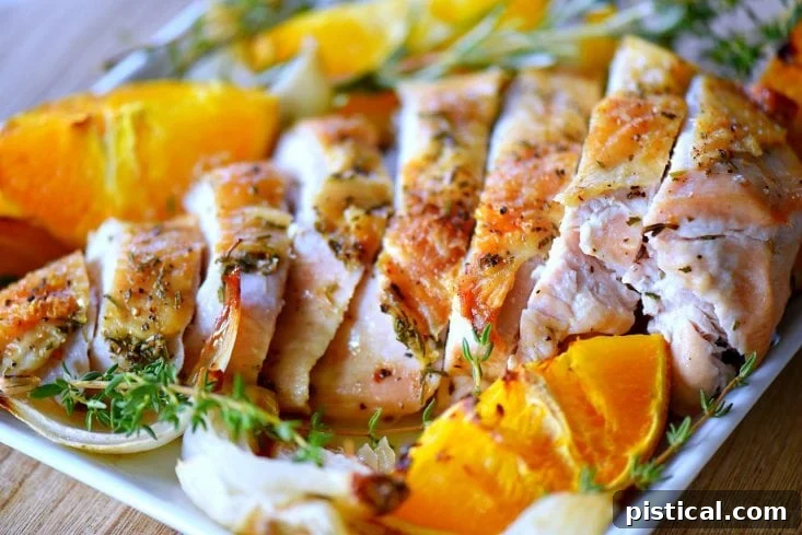 Sliced roast turkey breast, showing juicy interior and tender texture