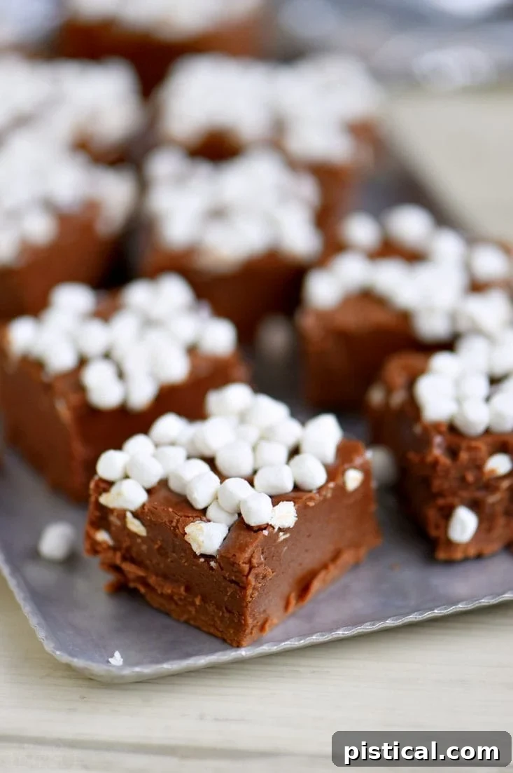 Creamy Hot Cocoa Fudge Ready to Serve Close-up of hot cocoa fudge squares, showing the creamy texture and embedded mini marshmallows.