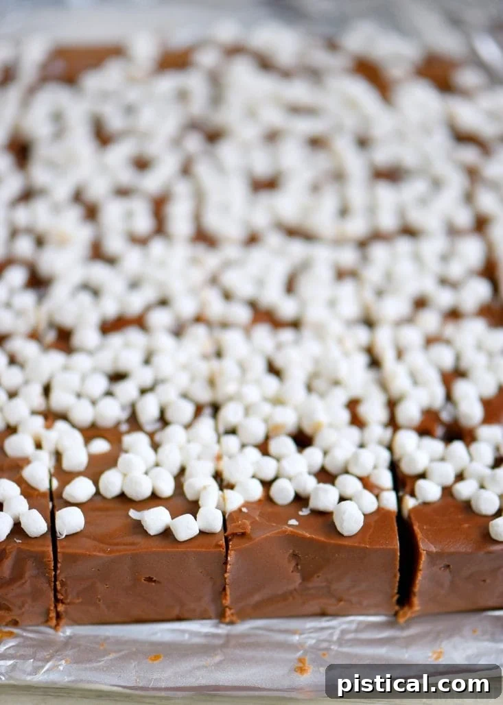 Marshmallow Topped Hot Cocoa Fudge Hot cocoa fudge bars garnished with an abundance of mini marshmallows, ready for slicing.