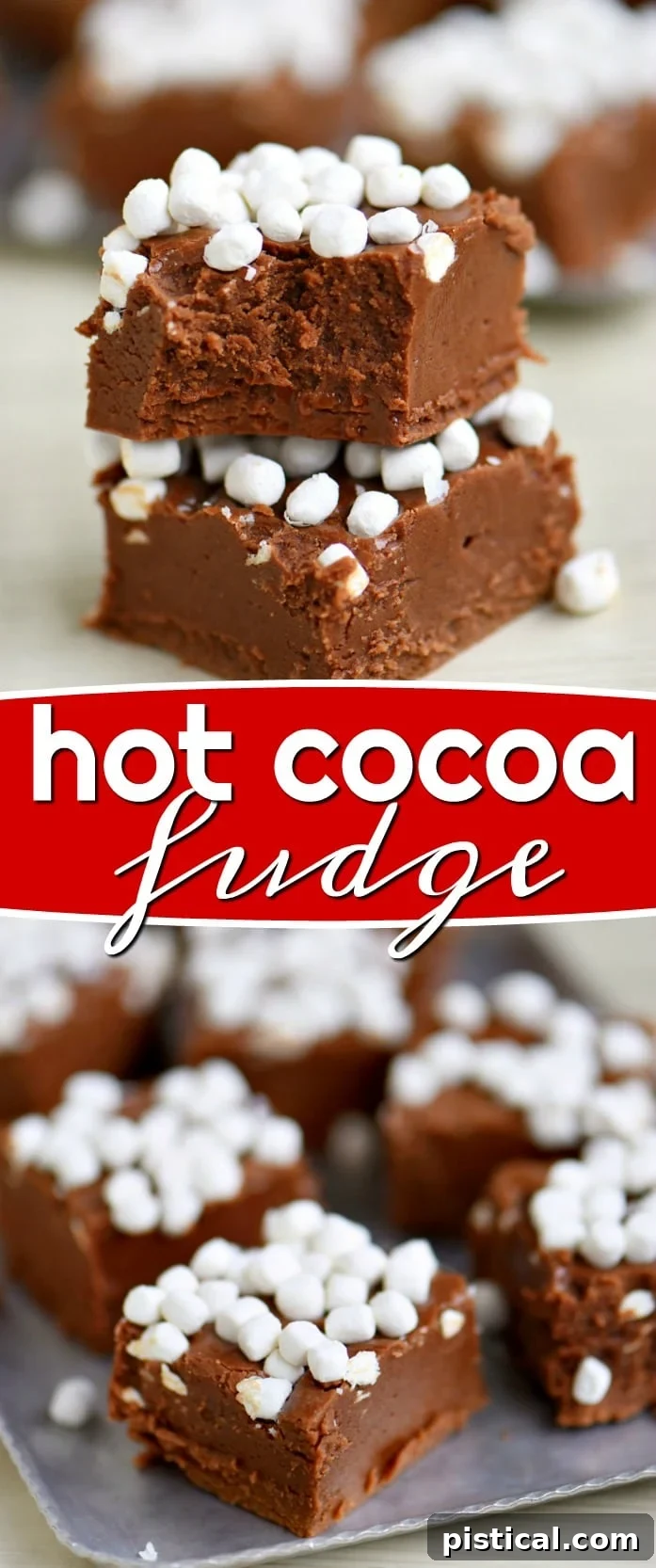 Hot Cocoa Fudge Recipe Process A collage of hot cocoa fudge preparation steps and finished product.