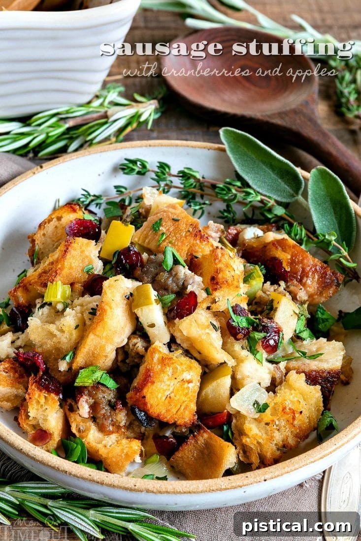 Delicious sausage stuffing with cranberries and apples in a festive serving bowl, ready for a holiday meal.