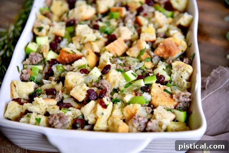 Classic stuffing recipe mixture in a baking dish, ready to be baked to golden perfection.