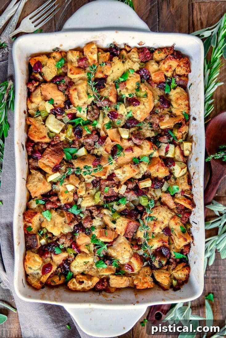 Sausage stuffing mixture with cranberries and apples, neatly arranged in a baking dish, ready for the oven.