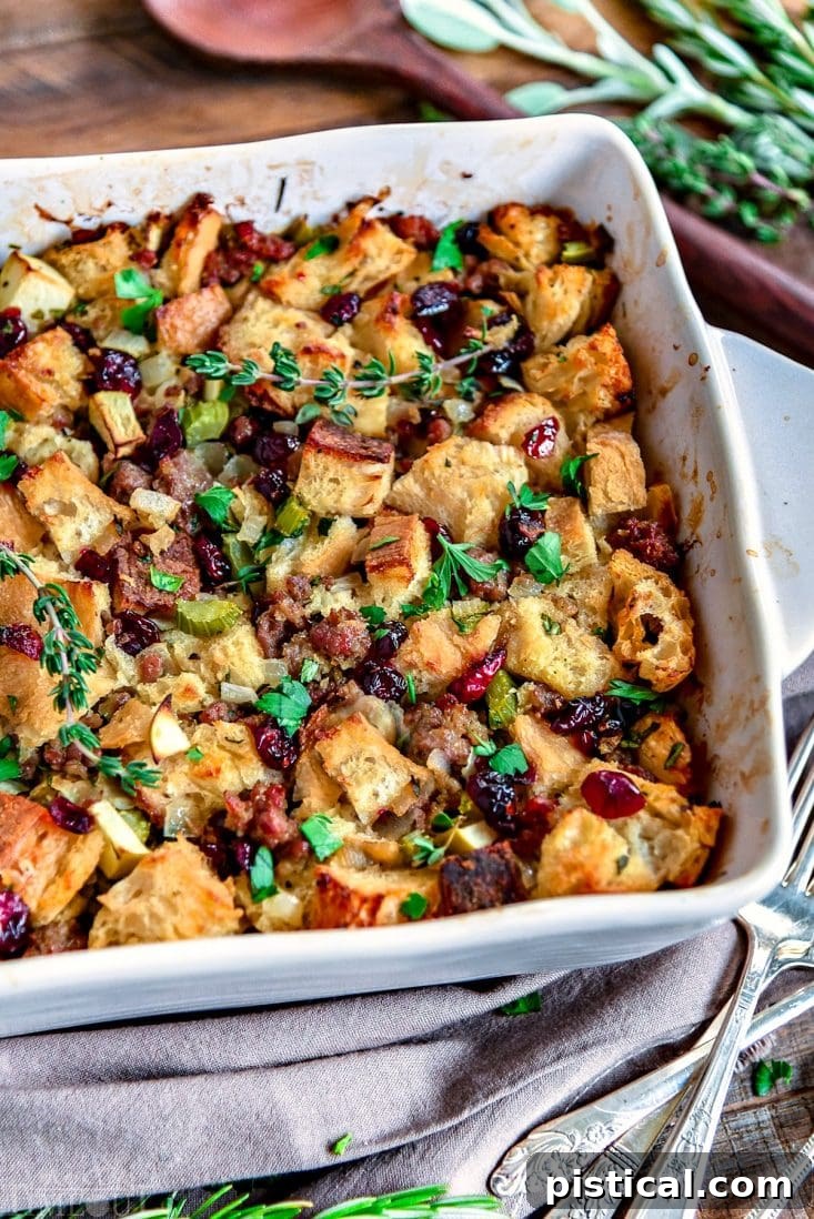Delicious baked sausage stuffing, golden brown and garnished with fresh herbs, ready to be served.