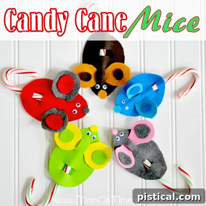 Candy Cane Mice Christmas Craft A festive display of various colorful Candy Cane Christmas Mice ornaments hanging on a snowy branch, highlighting their adorable design.