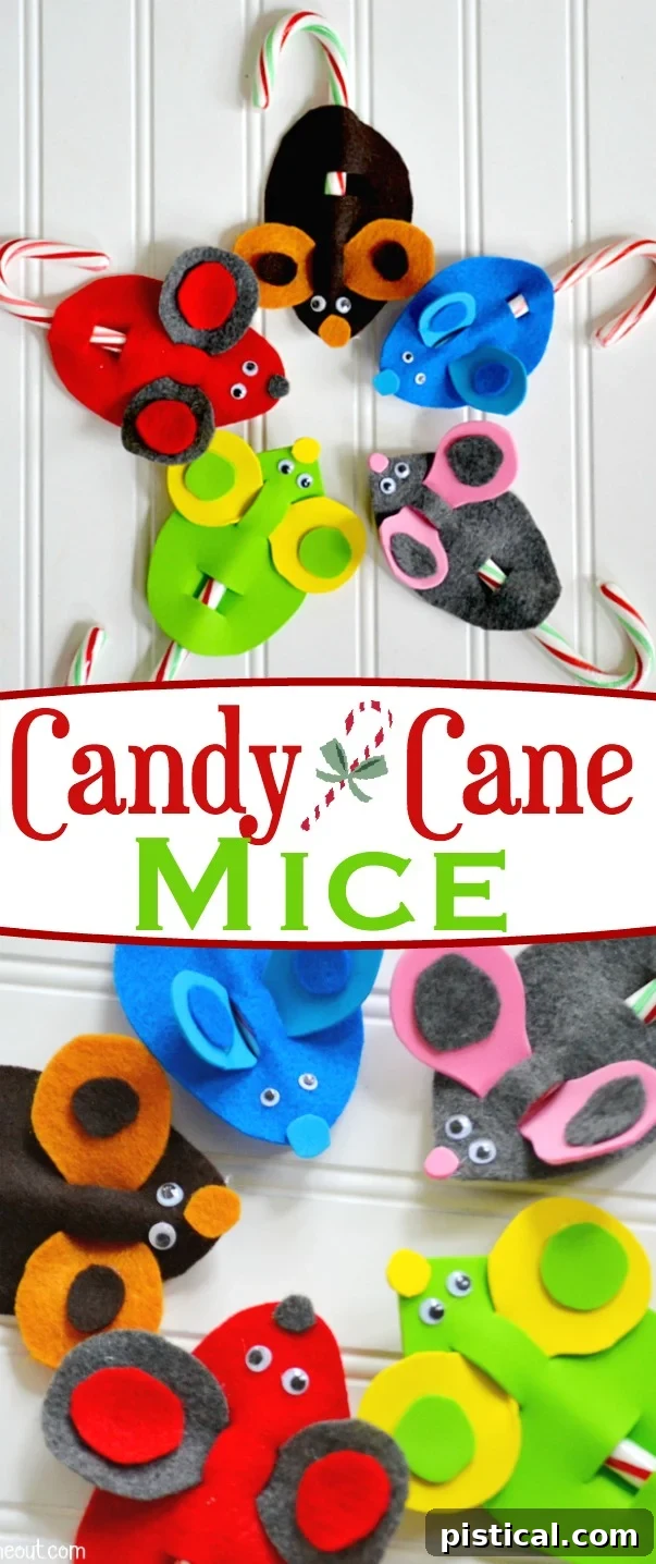 DIY Candy Cane Mice Christmas Craft 2 A Pinterest-optimized graphic featuring adorable and easy Candy Cane Christmas Mice, presented as a must-do holiday tradition and kid-friendly craft idea by Mom On Timeout.