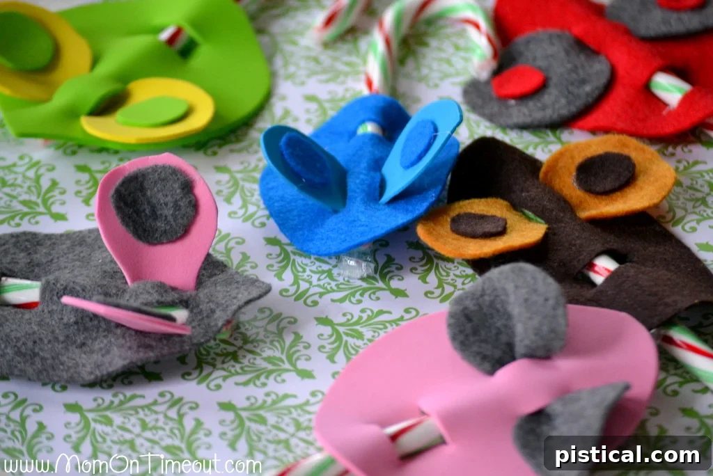 Candy Cane Mice Craft Project Step-by-step instructions for Candy Cane Christmas Mice: Adding googly eyes and felt noses to finished mouse bodies.