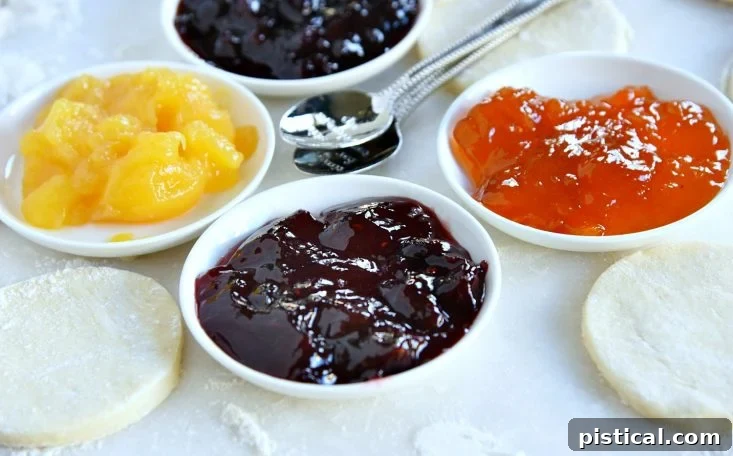 A selection of colorful fruit preserves and jams, perfect for filling sweet empanadas