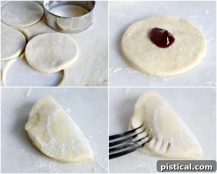 Step-by-step image showing how to fill and seal cookie empanadas with a fork