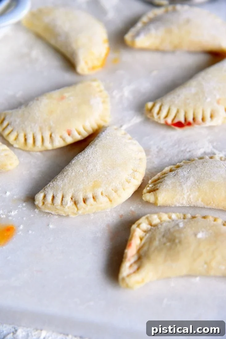 A close-up of unbaked cookie empanadas arranged on a baking sheet, ready for the oven