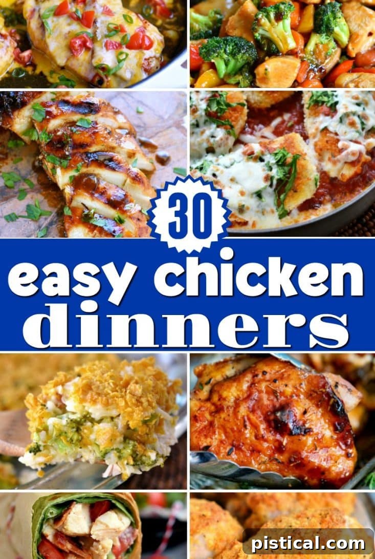 A vibrant display of over 30 easy chicken dinners, including skillet meals, stir-fries, and casseroles, perfect for quick weeknight meals. The image suggests variety and deliciousness.