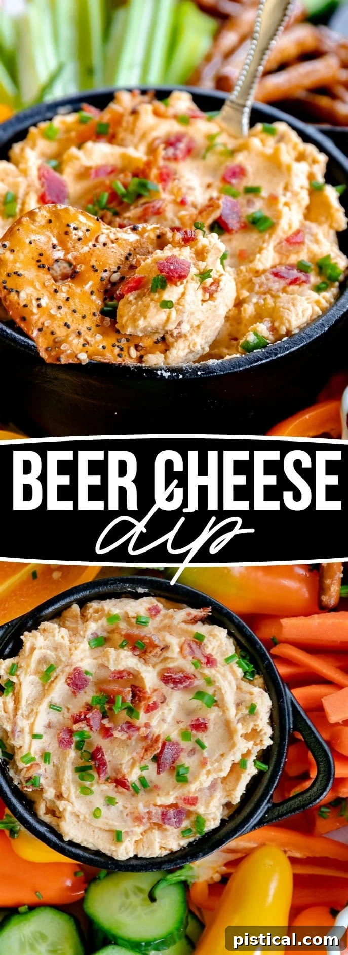 Collage of Beer Cheese Dip with various angles and serving suggestions