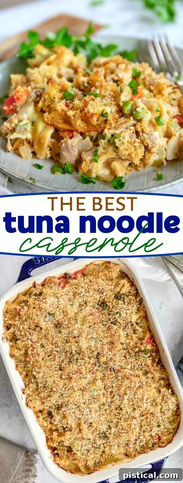 A collage of various images showing the preparation and final serving of a delicious tuna casserole.