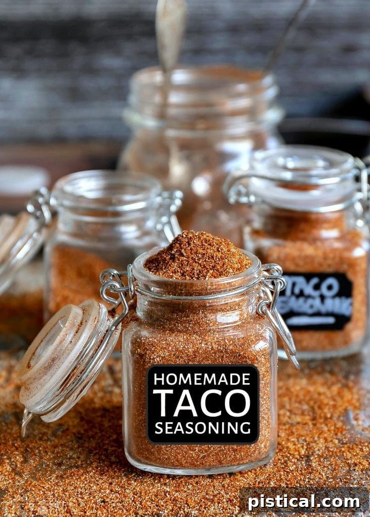 Homemade Taco Seasoning: Your Pantry Essential for Authentic Mexican Flavors Homemade taco seasoning in a spice jar with a label, highlighting its pantry staple status and versatile flavor for various Mexican dishes.