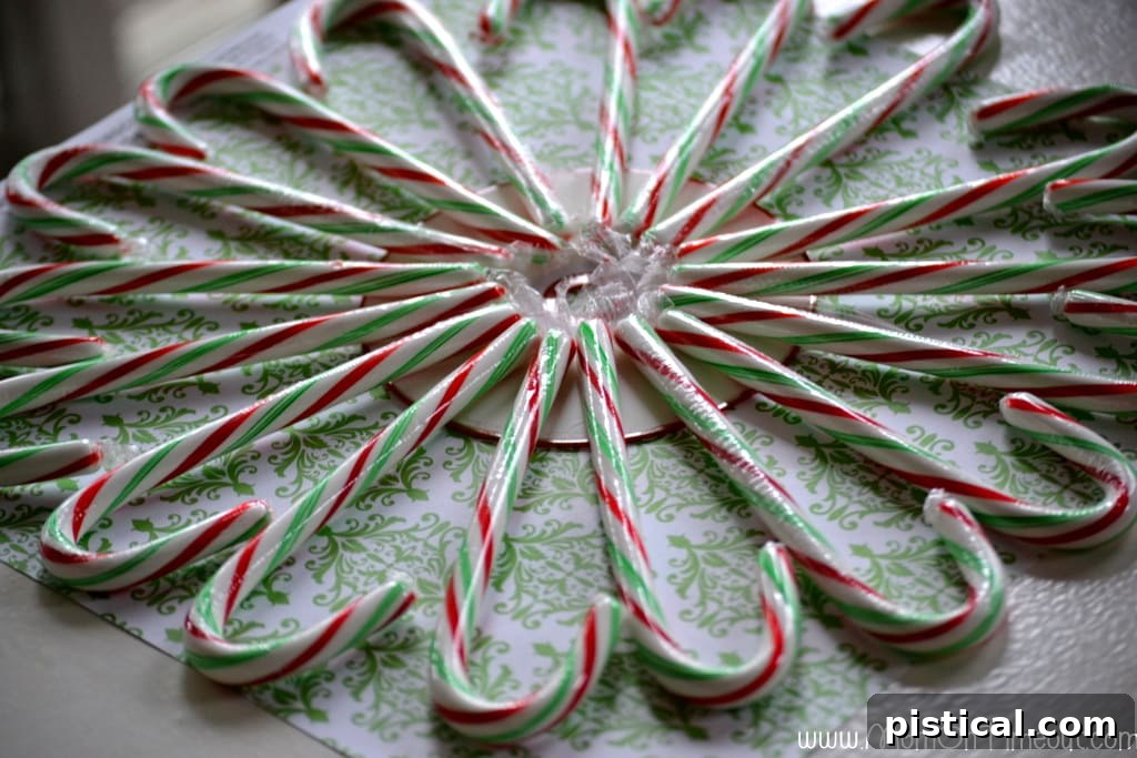 Candy canes being laid out and hot glued onto the unpainted side of a CD, showing the arrangement.