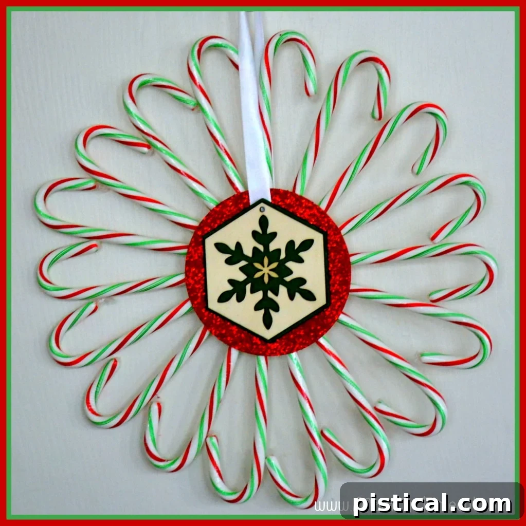 The Candy Cane Wreath beautifully displayed, ready for holiday decoration.
