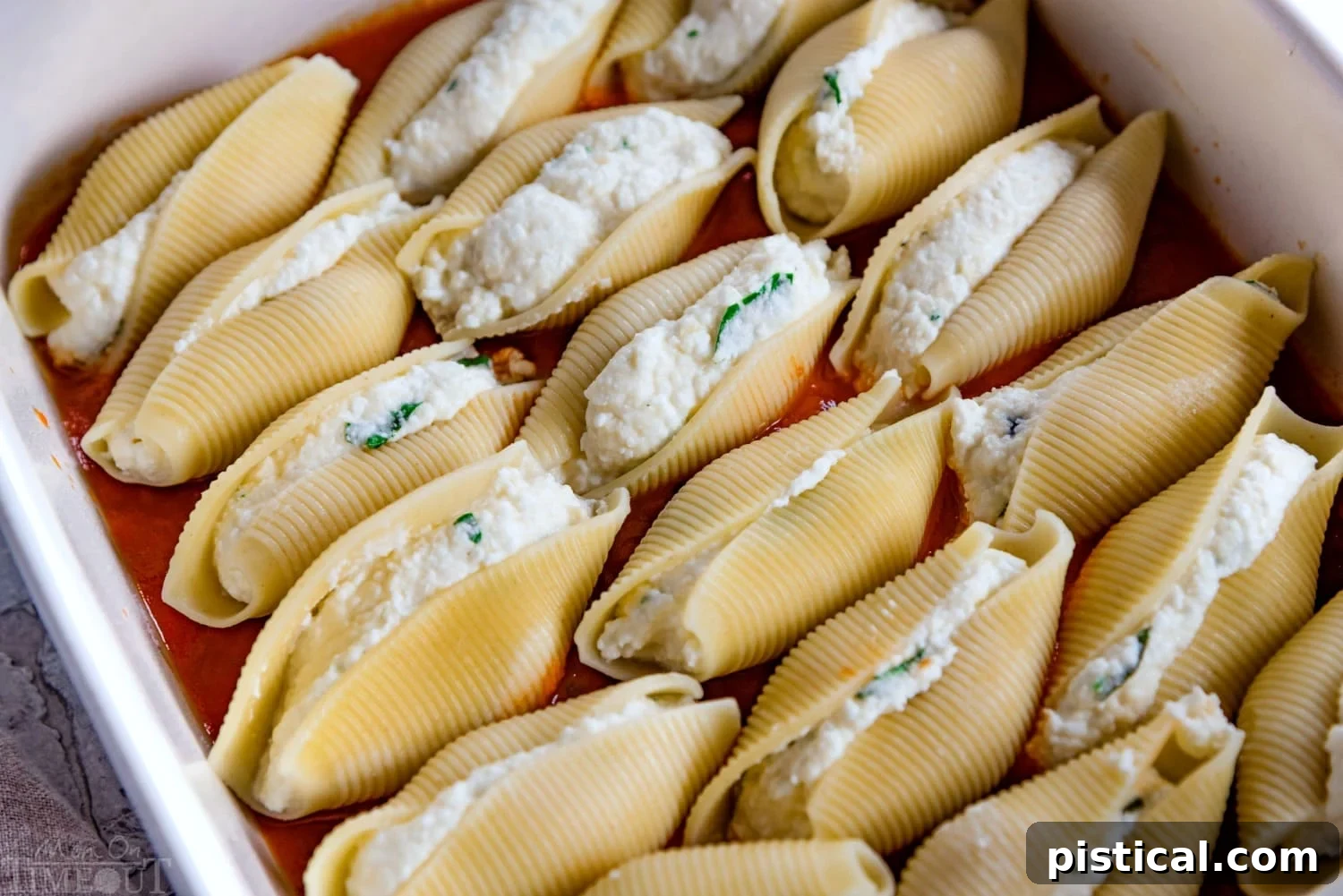Stuffed shells ready for baking in marinara sauce. shells-stuffed-with-filling-in-marinara