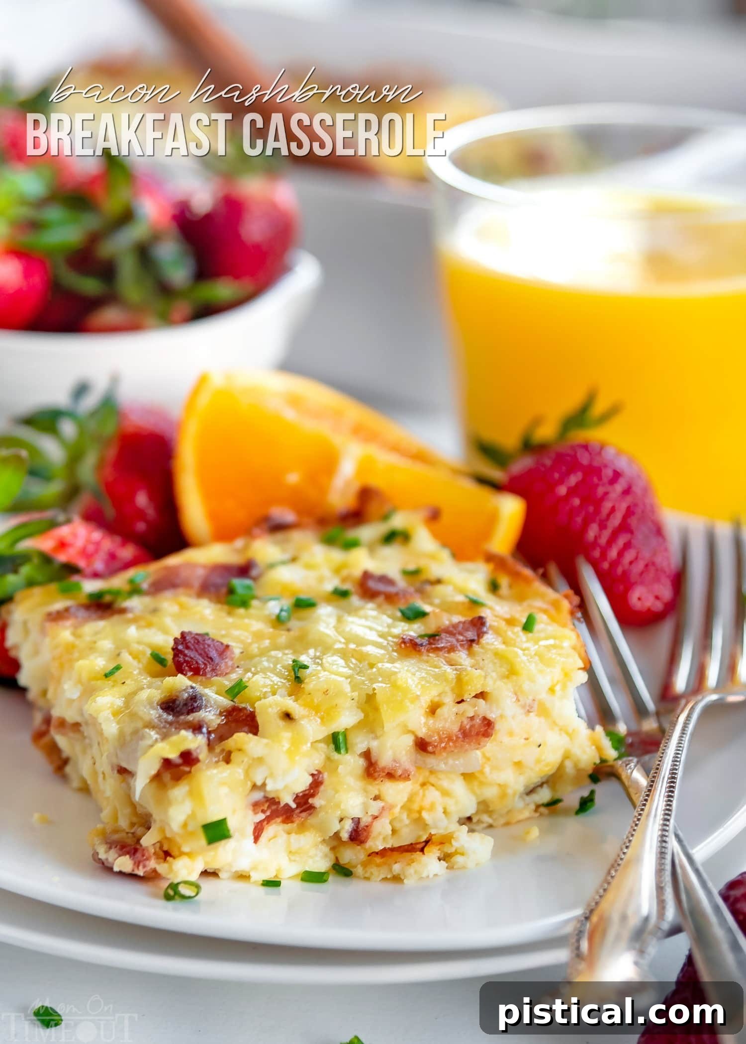 A delicious hash brown breakfast casserole with bacon, eggs, and cheese, ready for serving.