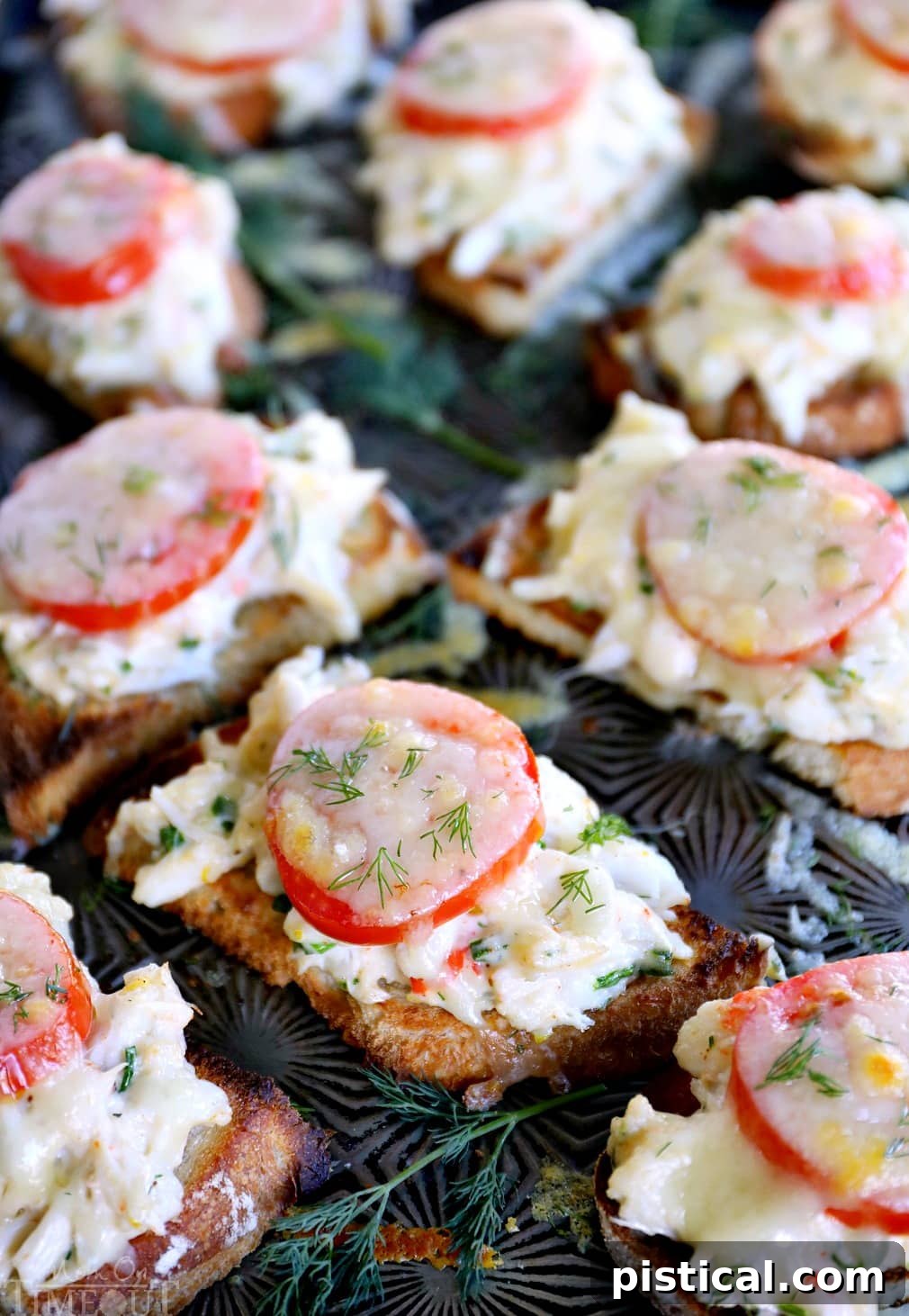 Prepared crab melt ingredients including thinly sliced Roma tomatoes, fresh dill, and shredded Gruyere cheese neatly arranged on a baking sheet, ready for final assembly.