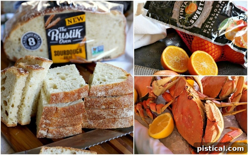 A still life arrangement featuring fresh oranges, artisanal bread, and succulent crab meat, representing the key ingredients and culinary inspirations from the Monterey trip.